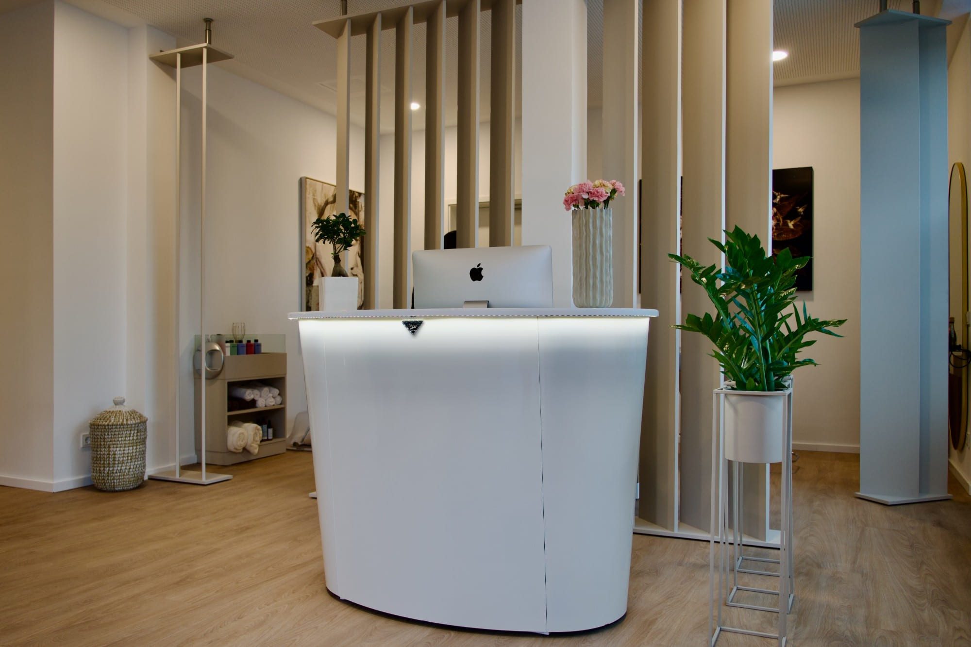 Empfangstresen des Cultura Capelli Hair & Head Spa mit Holzlamellen und Pflanzen
