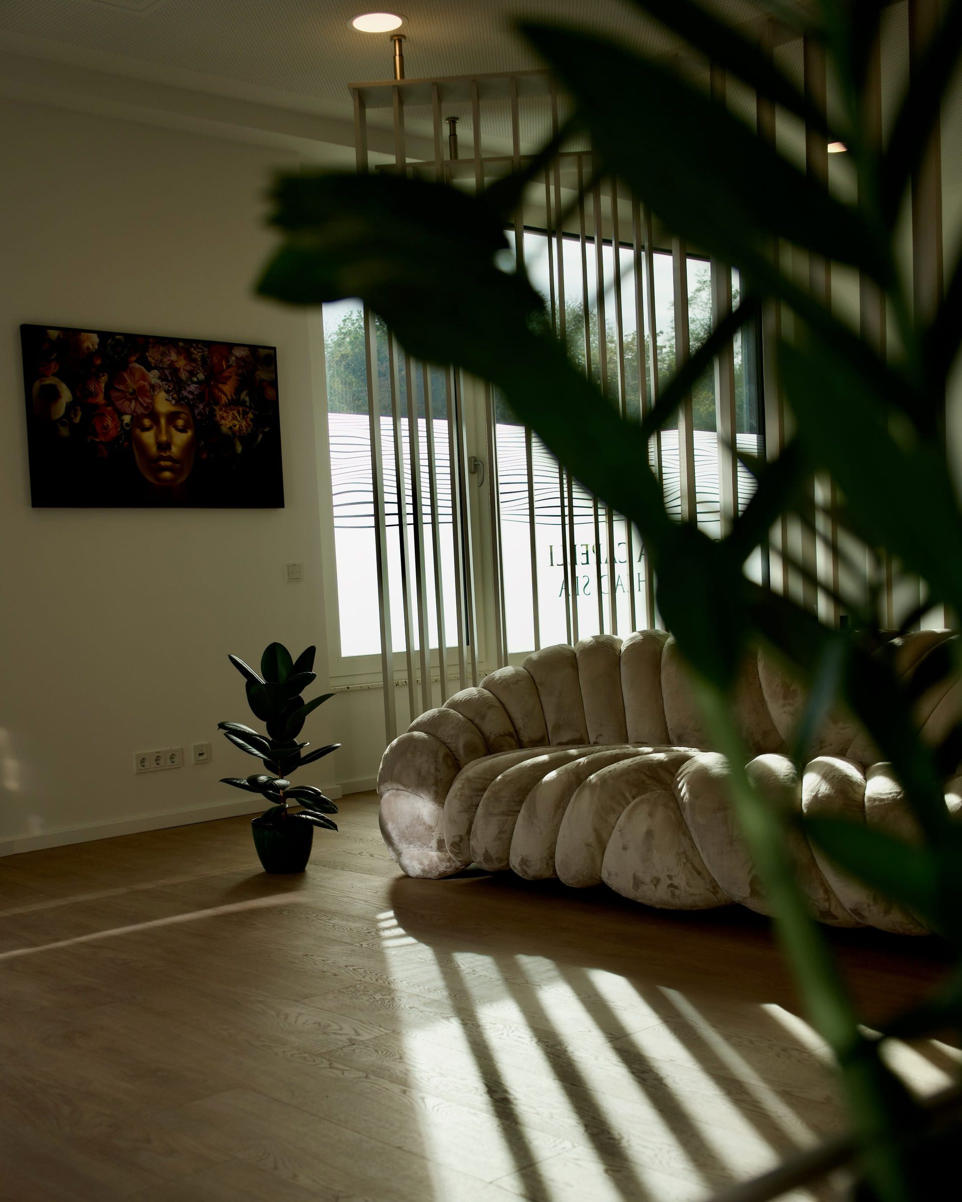 Geschwungenes Sofa im Wartebereich, die Sonne wirft Lamellenschatten auf den Holzboden
